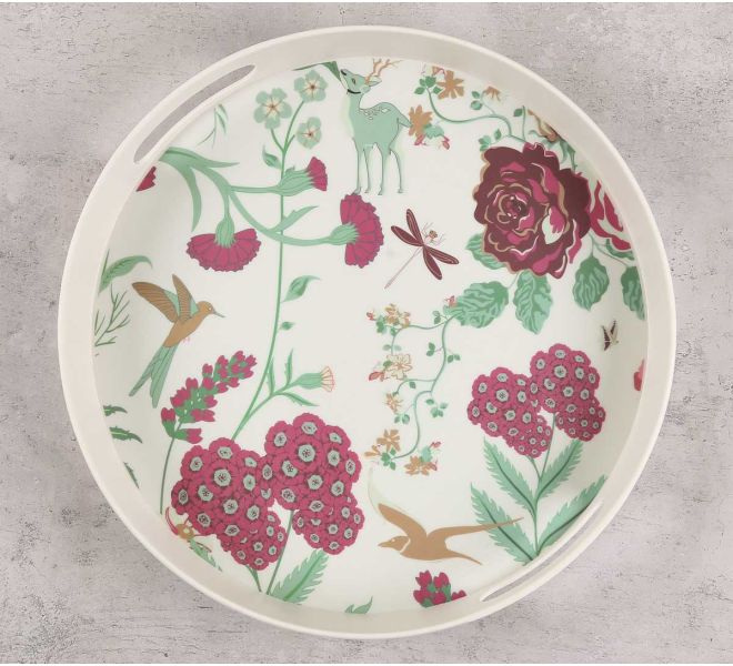 India Circus by Krsnaa Mehta Grey Floral Galore Round Bamboo Tray