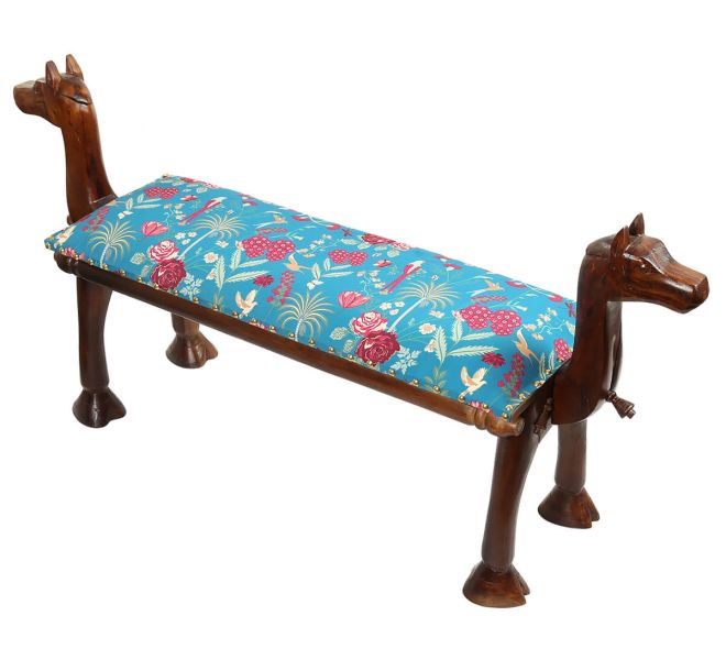 India Circus by Krsnaa Mehta Teal Floral Galore Wooden Animal Bench