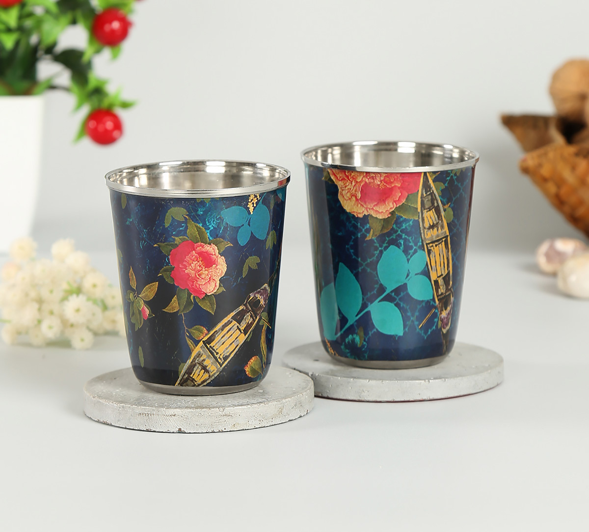 Blue Floral Lake Inception Small Steel Tumbler (Set of 2)